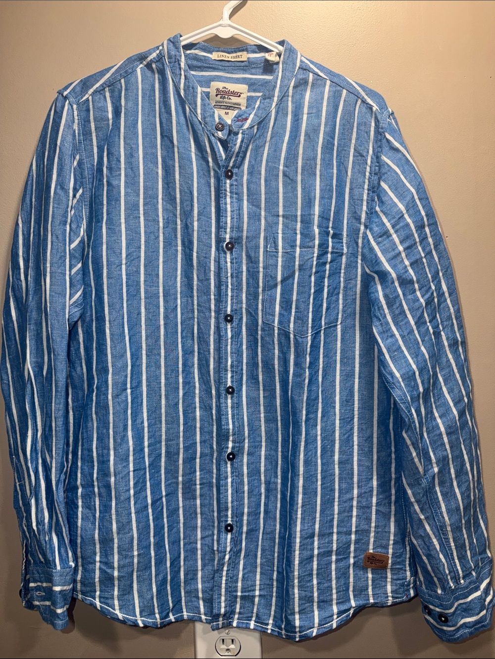 Lightweight Blue and White Striped Band-Collar linen Shirt medium